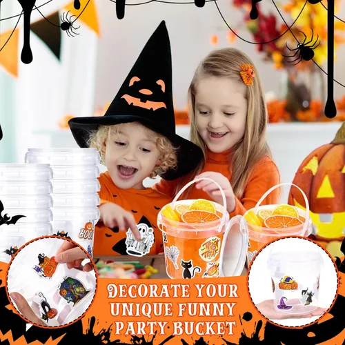 Vista 4 de Sliner 20 cubos pequeños para dulces de Halloween de 34 onzas, 100 calcomanías de terror, cubetas de ron de cóctel con tapa y asa para Halloween