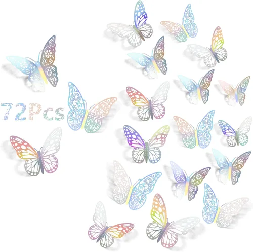Vista 15 de Calcomanías de pared de mariposa 3D, 72 unidades, 3 tamaños, 3 estilos, calcomanías de pared metálicas extraíbles, calcomanías de pared para nevera