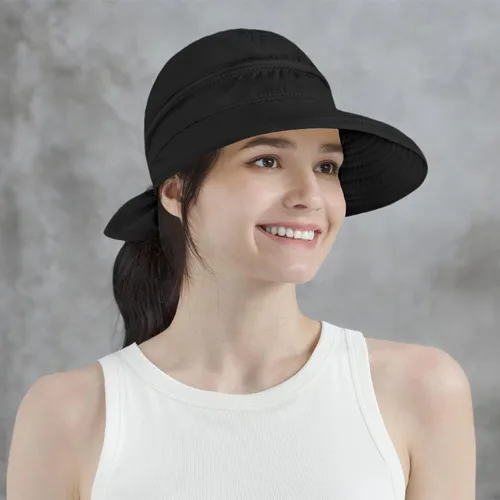 Vista 45 de SUN CUBE Sombrero de sol para mujer para protección UV al aire libre, sombrero de sol de ala ancha, cola de caballo, sombrero de playa convertible