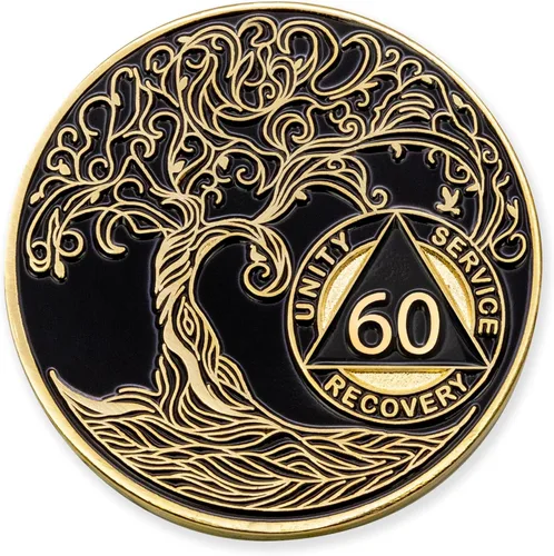 Vista 14 de 1 año Sobriety Mint Twisted Tree of Life Medallón de recuperación AA chapado en oro, chip/ficha - negro