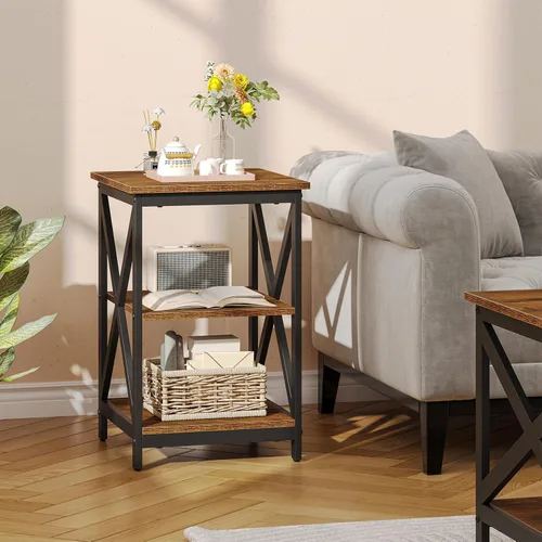 Vista 5 de Bigbiglife Juego de 3 mesas de centro para sala de estar, mesa auxiliar industrial de diseño X y 2 mesas auxiliares, juego de mesa de sala de estar