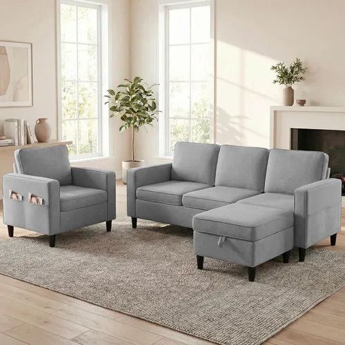 Vista 8 de Mjkone Sofá modular para sala de estar Sofá convertible de 3 plazas con 2 bolsillos laterales Sofá modular moderno con otomana de almacenamiento