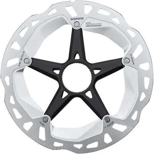 Shimano Deore XT RT-MT800-M Rotor de freno de disco con anillo de bloqueo externo - 180 mm, bloqueo central, plateado/negro