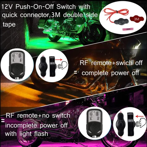 Vista 4 de Juego de 6 tiras de luces LED para motocicleta, control remoto inalámbrico RF, impermeable, RGB, multicolor, neón, efecto de tierra, atmósfera