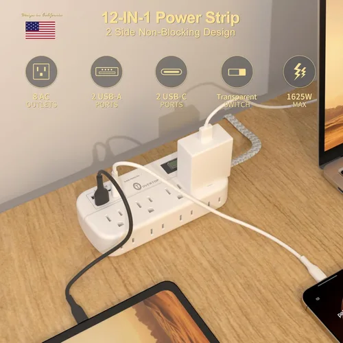 Vista 2 de Overtop Regleta protectora contra sobretensiones 12 en 1, 8 tomacorrientes, 4 USB (2 puertos USB C), extensor de salida de pared compacto, enchufe