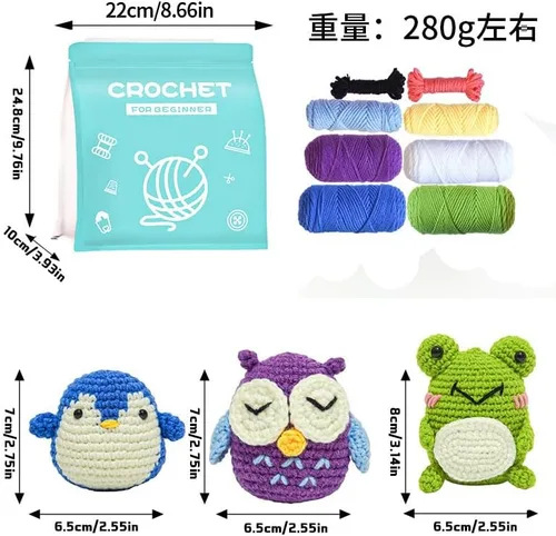 Vista 3 de NDEMl Kit de ganchillo de 3 piezas que incluye pingüino, búho, rana, materiales de bricolaje para principiantes con tutoriales en video paso a paso