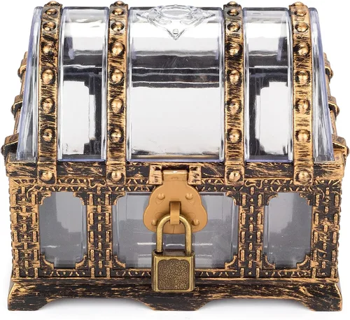 Vista 4 de Cofre del tesoro antiguo transparente para niños, almacenamiento pirata de plástico y caja decorativa