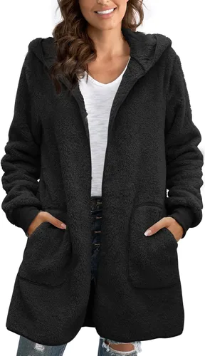 Vista 4 de Yanekop - Chaqueta de vellón mullido para mujer, cárdigan con capucha y parte delantera abierta, ropa de abrigo de sherpa, abrigos cálidos