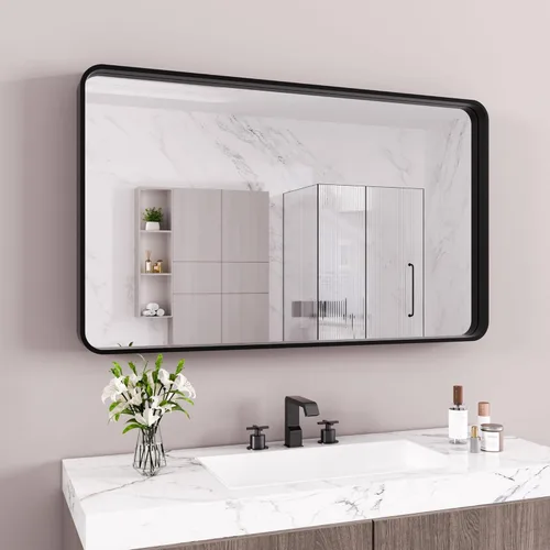 Vista 80 de JISOSO - Espejo de baño negro de 20x30 pulgadas con marco de metal negro, espejo de tocador rectangular redondeado con acabado mate para pared