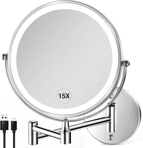 Vista 14 de GREENFROM Espejo de aumento con luces 1x/15x recargable: espejo de maquillaje iluminado montado en la pared de 21,6 centímetros para el baño
