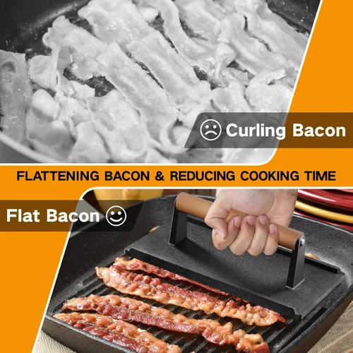 Vista 4 de Yoehka Prensa para parrilla de hierro fundido, 2 unidades, prensa resistente para tocino/hamburguesa/plancha/chef con mango de madera, bistec
