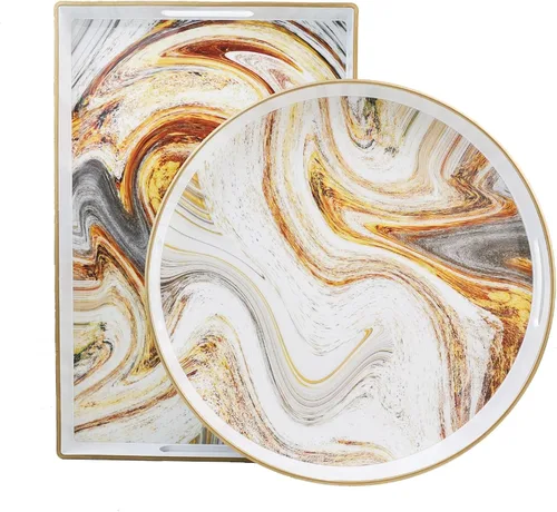 Vista 2 de Bandeja decorativa redonda de mármol blanco con asas, bandeja de servir moderna de plástico de 13" para mesa de café, baño, otomano, decoración