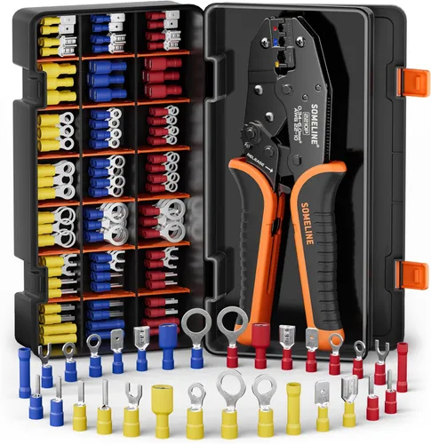 Vista 9 de SOMELINE Kit de herramientas de prensado de conectores eléctricos, crimpadora de terminales de trinquete 22-10 AWG, con conectores aislados a tope