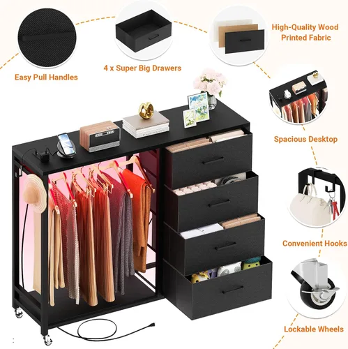 Vista 3 de Cyclysio Cómoda con estante para colgar, 4 cajones de tela con perchero, cómoda de almacenamiento superior de madera con estación de carga y luces