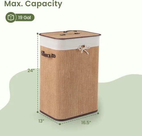 Vista 7 de Byroce - Cesta de lavandería de bambú, cesta plegable para la ropa sucia con tapa, forro extraíble y asas, contenedor de almacenamiento para ropa