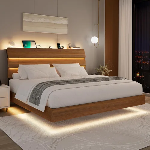 Vista 15 de Feonase Base de cama flotante individual con luces LED y estación de carga, marco de cama de madera tamaño individual con cabecera