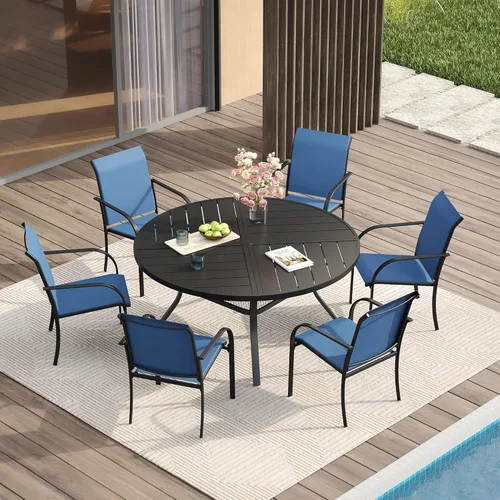 Vista 121 de VICLLAX Juego de comedor de patio de 7 piezas para 6, juego de muebles de exterior incluye mesa rectangular de 59 pulgadas para exteriores y 6