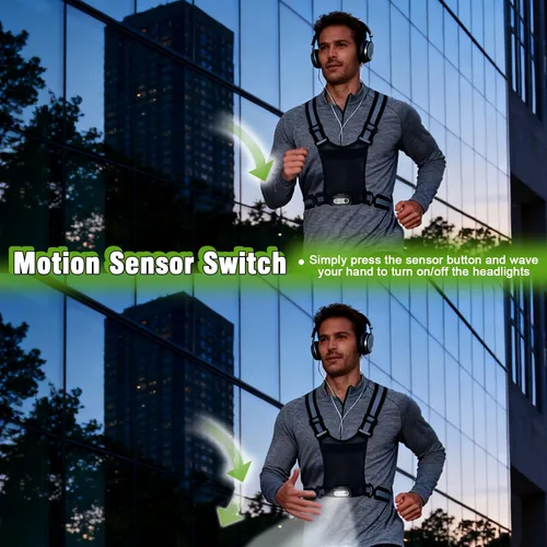 Vista 4 de Luces de correr para corredores, chaleco reflectante con 3 modos de luces con sensor de movimiento, inclinación ajustable de 45°, chaleco Negro