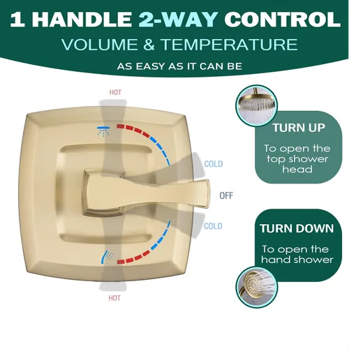 Vista 2 de Válvula mezcladora de ducha de oro cepillado, desviador de 2 vías, control de ducha de equilibrio de presión de doble función, conexión NPT de latón