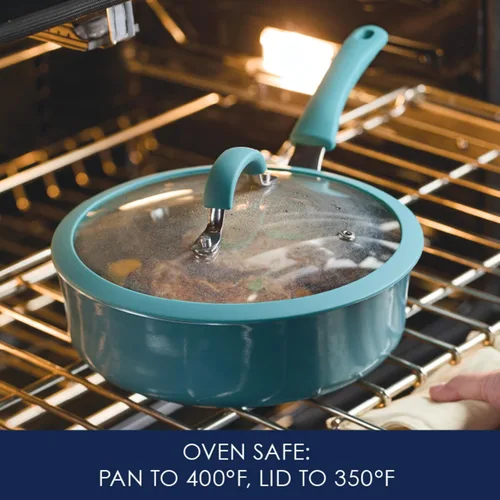 Vista 5 de Rachael Ray Cook + Create Sartén Sauté Antiadherente con Tapa, 3 Cuartos, Azul Agave