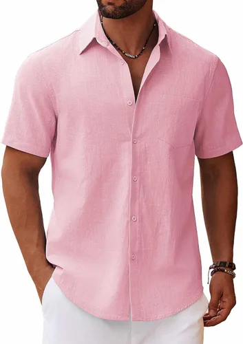 Vista 15 de COOFANDY Camisa de manga corta con botones para hombre, casual, de algodón, para verano, playa, lino, para boda, con bolsillo