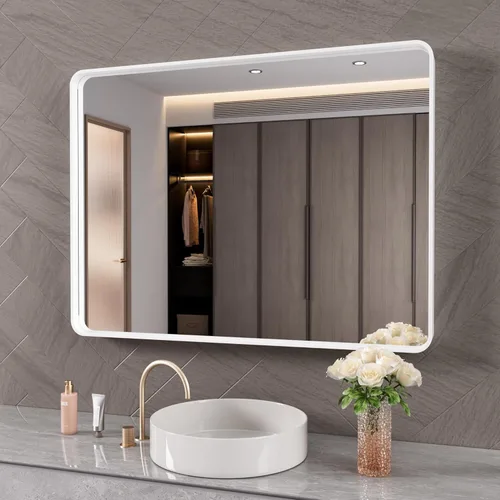 Vista 69 de JISOSO - Espejo de baño negro de 20x30 pulgadas con marco de metal negro, espejo de tocador rectangular redondeado con acabado mate para pared