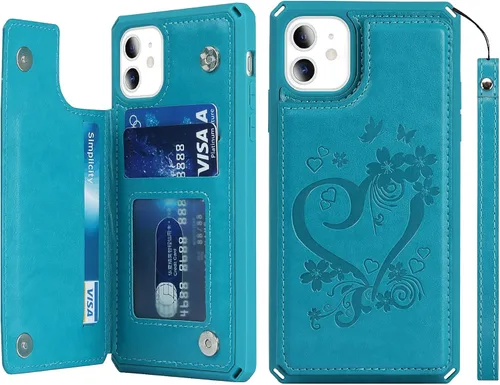 Vista 11 de iCoverCase Funda compatible con iPhone 11 con tarjetero para mujer, bloqueo RFID en relieve, piel sintética con correa de muñeca de 6.1 pulgadas