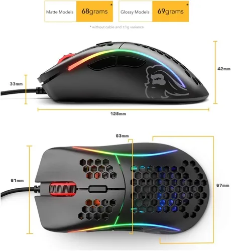 Vista 6 de Glorious Gaming Mouse - Glorious Model D Honeycomb Mouse - Mouse de PC RGB superligero - 240oz - Mouse negro brillante con cable