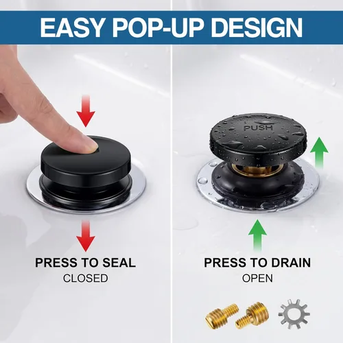 Vista 8 de Dreyoo 1 Pack Bathtub Pop up Drain Stopper, Bathtub Drain Plug with 3/8'', 5/16'' Thread Studs and Star Shape Lock Washer, Tip Toe Shower Stopper