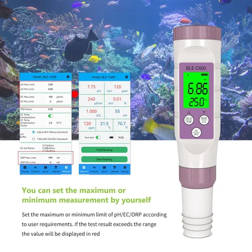 Vista 4 de Rcyago - Medidor de pH inteligente Bluetooth con ATC, 7 en 1 PH/TDS/EC/ORP/S.G/Salinidad/Medidor de temperatura, 0.01 resolución de alta precisión