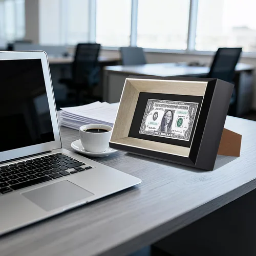 Vista 2 de Space Art Deco, Marco de billetes de dólar de 4 x 9 con paspartú, soporte de caballete para colgar de mesa o anillo en D, montaje en pared