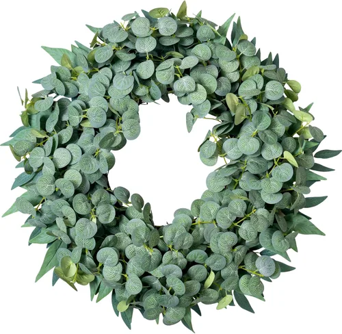 Vista 8 de Coronas de eucalipto de 20 pulgadas para puerta delantera, porche, corona de eucalipto de seda para decoración de granja, vegetación minimalista
