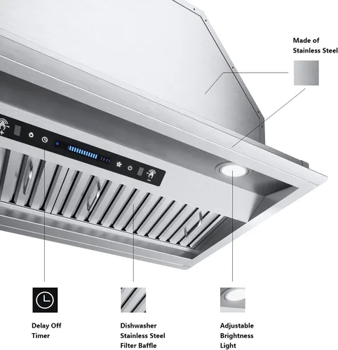 Vista 7 de IKTCH Campana extractora integrada de 36 pulgadas, 900 CFM, conducto convertible sin conductos, campana de ventilación de cocina de acero inoxidable