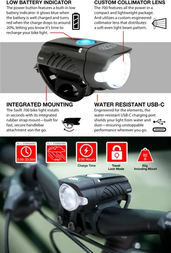 Vista 5 de NiteRider Swift - Luz delantera LED recargable USB-C de 700 lúmenes, 5 modos, compacta, potente, lúmenes, IP64, impermeable, fácil montaje, control