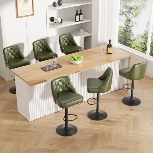 Vista 28 de Juego de 2 taburetes de bar, taburete de bar ajustable con respaldo, sillas de bar tapizadas de piel sintética, taburetes de bar giratorios modernos
