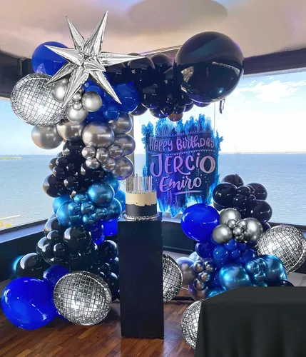 Vista 7 de Kit de guirnalda de globos azul real y plateado, con globos de aluminio de bola de discoteca 4D de estrella para hombres, cumpleaños de 30 años, día