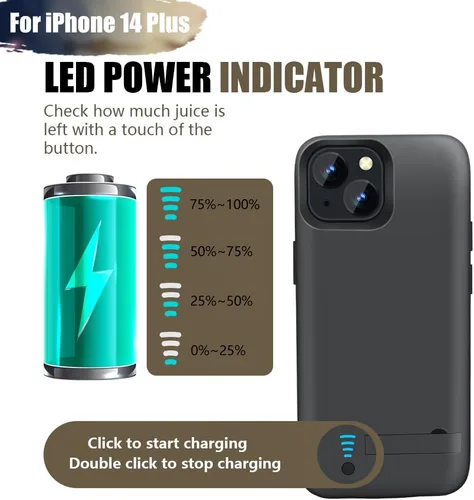 Vista 5 de Funda de batería para iPhone 14 Plus, 6000mAh recargable cargador de batería extendida, añade 100% jugo extra (6.7 pulgadas), color negro
