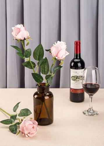 Vista 5 de 10 rosas artificiales de seda con tallos largos para manualidades, ramos de boda, centros de mesa, despedida de soltera, fiesta, decoración del Rosa