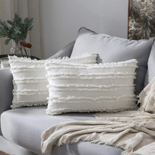 Vista 20 de MIULEE - Juego de 2 fundas de cojín decorativas de lino y estilo bohemio, con patrón jacquard a rayas, para sofá, sillón, sala de estar y Beige