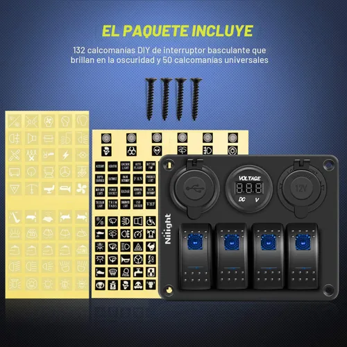 Vista 8 de Nilight - Panel de interruptor basculante de 4 bandas 90117G, panel de interruptores de aluminio precableado impermeable con doble USB encendedor
