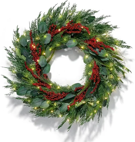 Vista 7 de LampLust Corona de Navidad de ciprés con luces, corona de 22 pulgadas con 100 luces LED a pilas y lazo de terciopelo, coronas de invierno