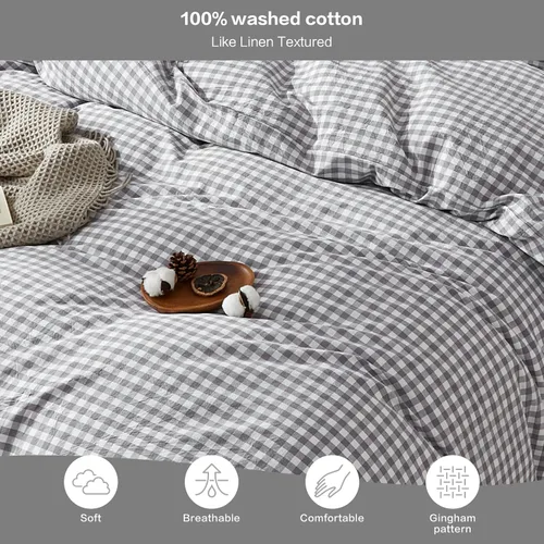 Vista 273 de SAPHREAS Juego de funda de edredón de algodón, tamaño King, a cuadros color gris oscuro y gris, geométrico, 3 piezas, 1 funda de edredón y 2 fundas