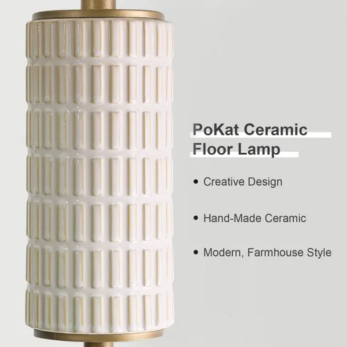 Vista 2 de PoKat Lámpara de pie de cerámica dorada antigua para sala de estar, dormitorio, lámpara de pie moderna de altura de 64 pulgadas con interruptor