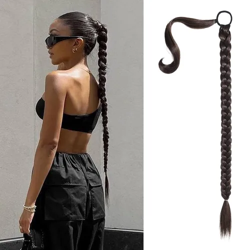 Vista 69 de SEIKEA Extensión de cola de caballo de trenza larga mejorada con lazo elástico, lacio, elegante extensiones de cabello trenzado envolvente