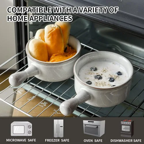 Vista 6 de KOOV Tazones de sopa de cebolla francesa con asas aptos para microondas, 15 onzas de cerámica para sopa de avena, cereales, estofado, postre