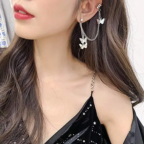 Vista 6 de Aretes de cadena para mujer, aretes de borla de mariposa, aretes de cadena caída, regalos, Metal, Aleación.
