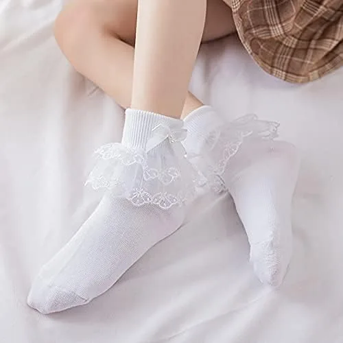 Vista 4 de 2 pares de calcetines de primera comunión con perlas de lazo blanco con volantes para bautizo, calcetines de bautismo con capas de encaje para bebé