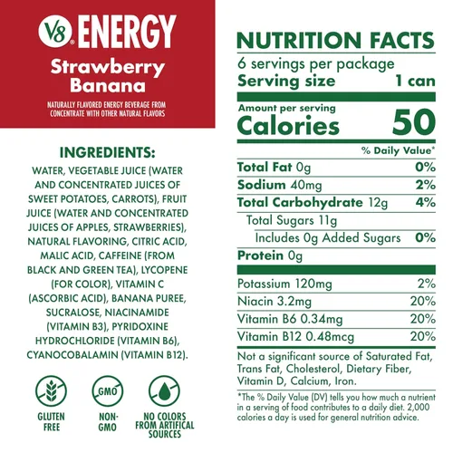 Vista 2 de V8 Energy Strawberry Banana Juice Energy Drink, lata de 8 onzas líquidas (paquete de 24)