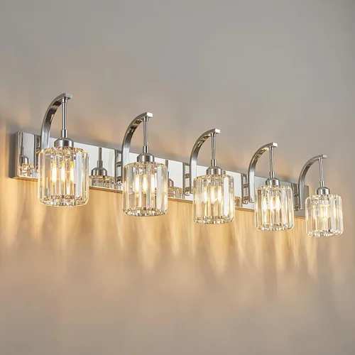 Vista 9 de Luces de Tocador de Cristal de 5 Luces, Luces de Tocador de Baño Cromadas, Accesorios Modernos de Iluminación de Baño de Cristal sobre Espejo, Luz