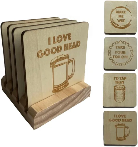 Divertidos posavasos de madera con temática de cerveza con soporte, juego de 4 posavasos de regalo con diseños grabados con láser, decoración de bar